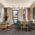 Modern Restaurant Interior With Wooden Slat Ceiling Green Pendant Light Bar Area And Dining Seats
