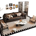 Luxurious Leather Sofa Set with Armchairs Marble Coffee Table Geometric Rug Decorative Paintings Floor Lamp