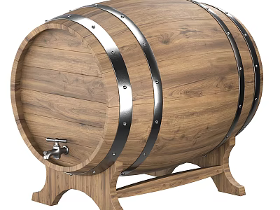 Rustic Wooden Barrel With Metal Hoops Faucet And Stand For Home Decor 3d model