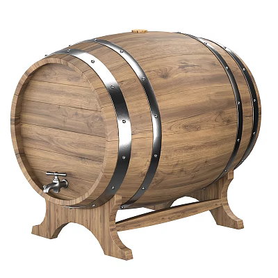 Rustic Wooden Barrel With Metal Hoops Faucet And Stand For Home Decor 3d model