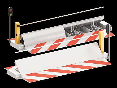 Industrial Barrier Gate Equipment With Red White Stripes Yellow Posts And Control Unit 3d model