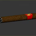 Brown Cigar With Red Label And Yellow Design Featuring Ash At Burned End