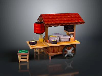 Traditional Street Food Stall With Red Roof Wooden Structure Food Items Small Stool And Table 3d model