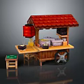 Traditional Street Food Stall With Red Roof Wooden Structure Food Items Small Stool And Table