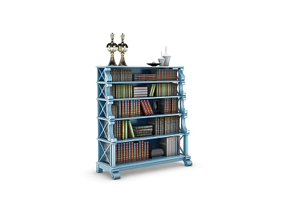 Blue Multi Tiered Metal Frame Bookshelf With Stacked Books Candle Holders And Cup 3d model