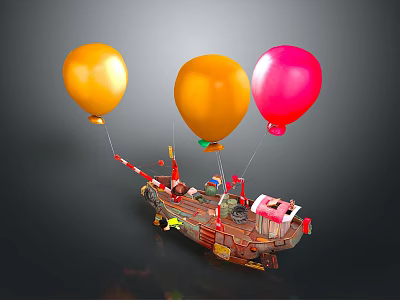 Colorful Decorative Airship Lifted By Yellow And Pink Balloons With Small Decorative Details 3d model