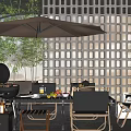 Outdoor Table Setup With Grill Umbrella Chairs Fruits And Tableware Near Grid Wall