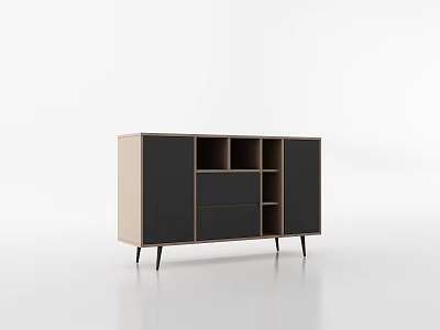 Modern Beige And Black Cabinet With Drawer Open Shelves And Slim Legs 3d model