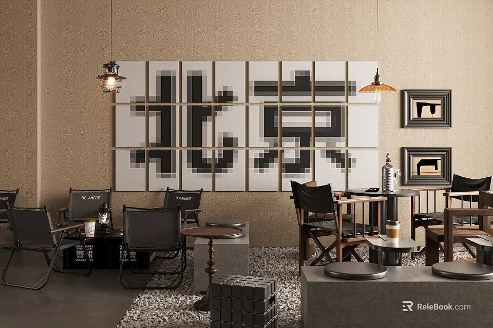 Beijing Themed Cafe Interior Featuring Large Character Wall Art Hanging Lights Tables And Framed Artworks 3d model 