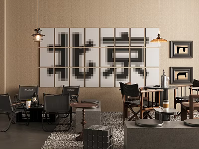 Beijing Themed Cafe Interior Featuring Large Character Wall Art Hanging Lights Tables And Framed Artworks 3d model
