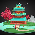 Traditional Chinese Tower With Green Roof Red Columns Cherry Blossom Trees And Stone Bridge