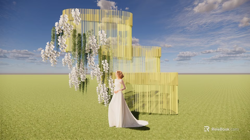 Bride In White Wedding Dress By Yellow Screen With Hanging White Flowers On Green Grass 3d model 