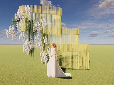 Bride In White Wedding Dress By Yellow Screen With Hanging White Flowers On Green Grass 3d model