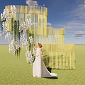 Bride In White Wedding Dress By Yellow Screen With Hanging White Flowers On Green Grass