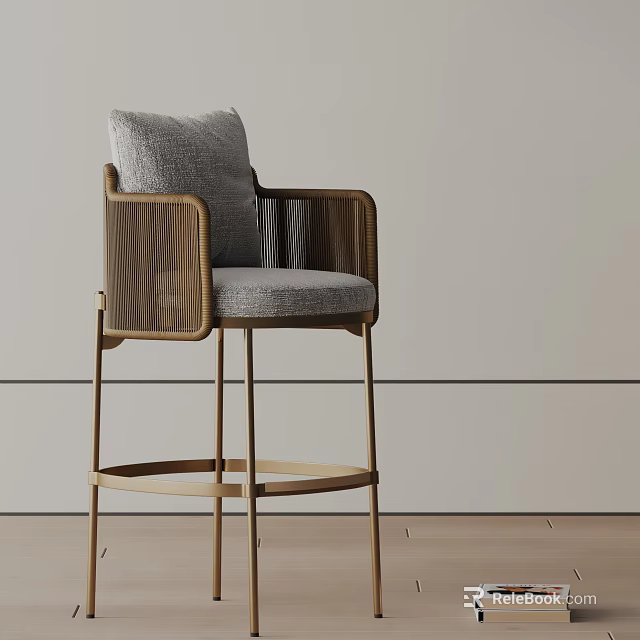 Modern Bar Stool With Gray Cushion Rattan Armrest Gold Metal Legs And Round Footrest 3d model 