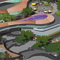 Modern Commercial Landscape Design With Curved Pathways Purple Structures And Lush Greenery