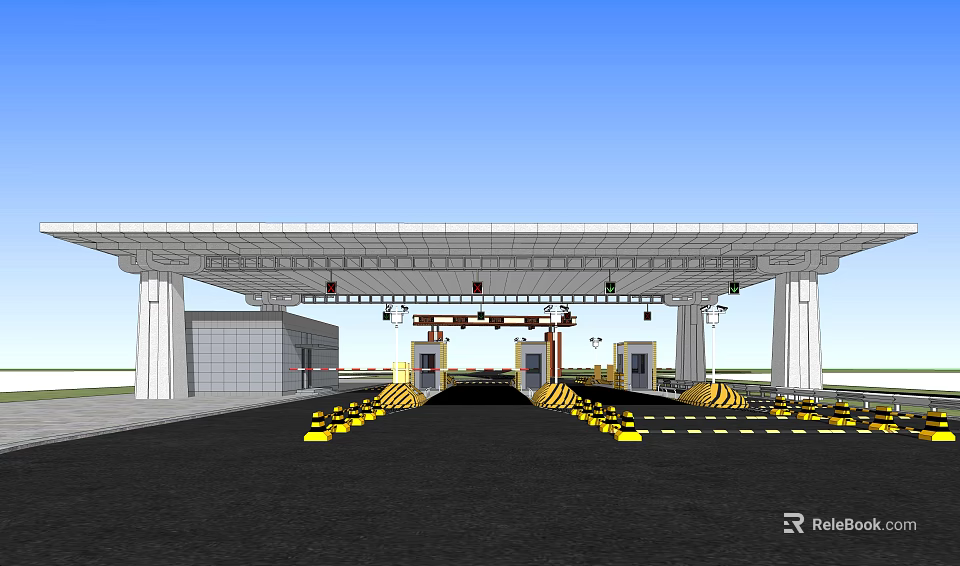 Highway Toll Booth With White Canopy Yellow Speed Bumps And Gates 3d model 