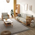 Light Gray Wooden Sofa And Coffee Table Set In Living Room With Pillows And Plants