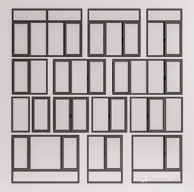 Various Window Designs With Different Sizes And Frame Styles On 3d model