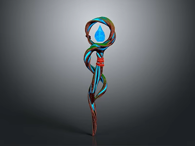 Enchanted Magic Staff With Twisted Design Blue Gem And Red Ribbon 3d model