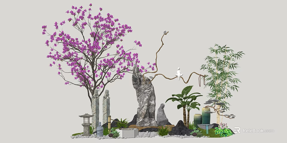 Courtyard Garden Landscape With Purple Flowering Tree Stone Lantern Bamboo Palm Rock And Green Plants 3d model 