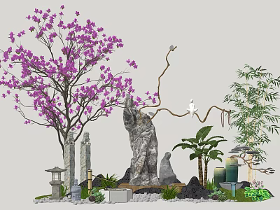Courtyard Garden Landscape With Purple Flowering Tree Stone Lantern Bamboo Palm Rock And Green Plants 3d model