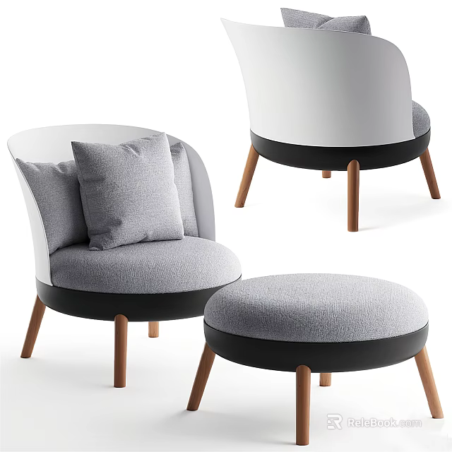 Modern Single Sofa With Gray Fabric Black Base Wooden Legs And Ottoman 3d model 