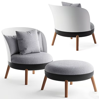 Modern Single Sofa With Gray Fabric Black Base Wooden Legs And Ottoman 3d model