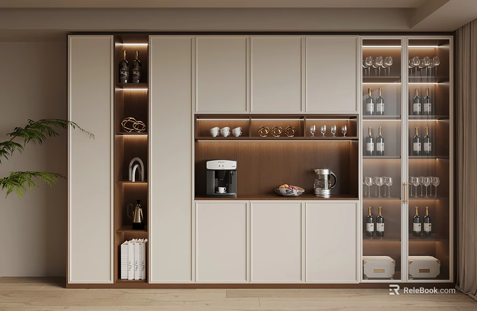 Modern Wine Cabinet Design With Glass Doors Storage For Wine Bottles And Glassware 3d model 