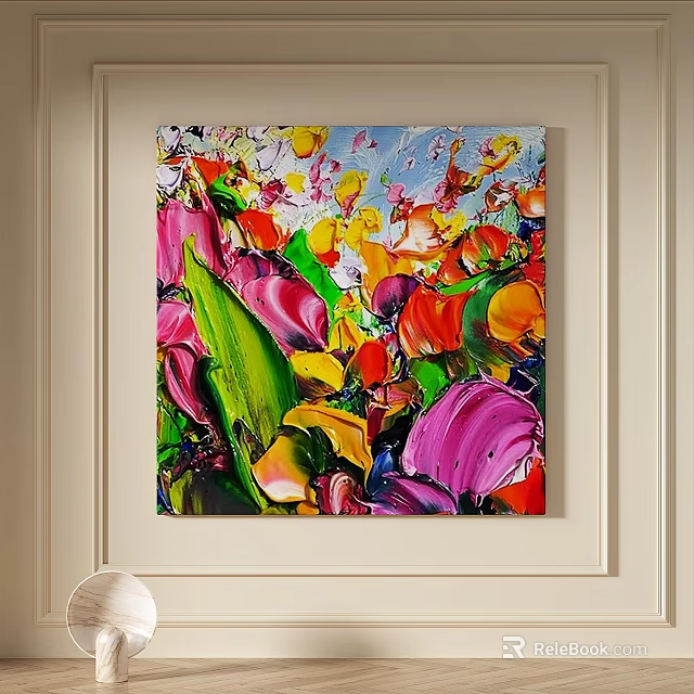 Vibrant Abstract Painting With Impasto Texture And Floral Elements Wall Art 3d model 