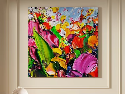 Vibrant Abstract Painting With Impasto Texture And Floral Elements Wall Art 3d model