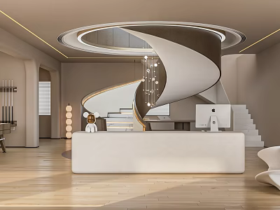 Modern Hotel Lobby Interior With Spiral Staircase Reception Desk And Chandelier 3d model
