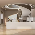 Modern Hotel Lobby Interior With Spiral Staircase Reception Desk And Chandelier