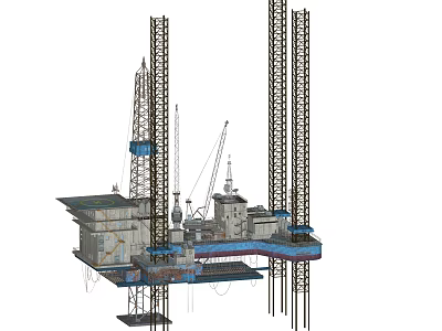 Industrial Offshore Drilling Platform With Tall Towers And Crane Systems 3d model