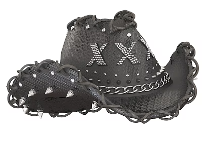 Black Braided Cowboy Hat With Metal Spikes Chain Trim And Rhinestone Letters 3d model