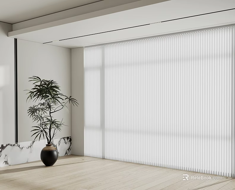 White Modern Vertical Blinds In Minimalist Room With Marble Decoration And Plant On Wooden Floor 3d model 