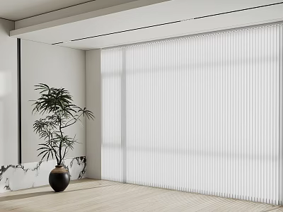 White Modern Vertical Blinds In Minimalist Room With Marble Decoration And Plant On Wooden Floor 3d model