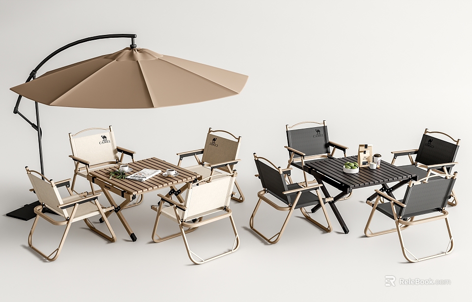 Outdoor Tables with Wooden and Metal Tops Folding Chairs and Brown Parasol 3d model 