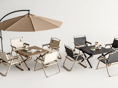 Outdoor Tables with Wooden and Metal Tops Folding Chairs and Brown Parasol 3d model