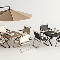 Outdoor Tables with Wooden and Metal Tops Folding Chairs and Brown Parasol