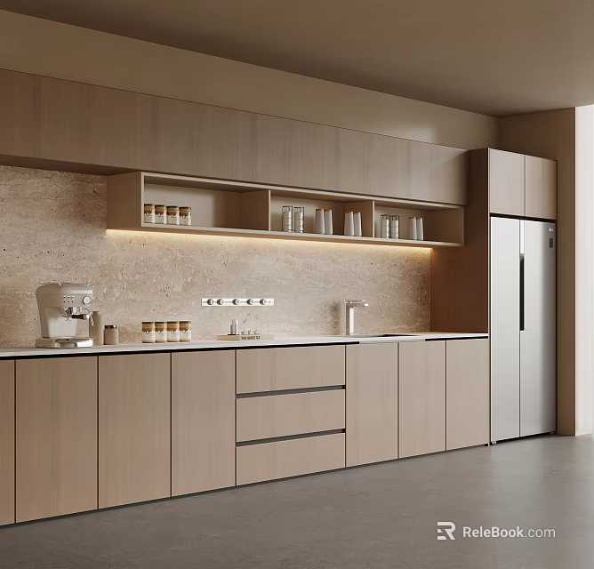Modern Tea Room Interior Design With Open Cabinets Countertop And Appliances 3d model 