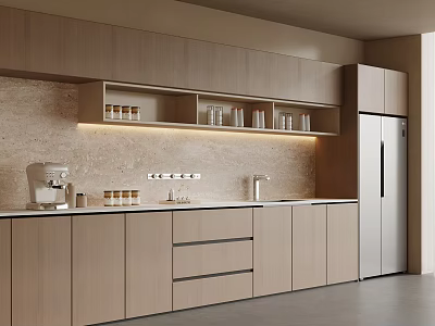 Modern Tea Room Interior Design With Open Cabinets Countertop And Appliances 3d model