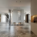 Modern Living And Dining Room Interior With Marble Walls Sofa And TV Unit