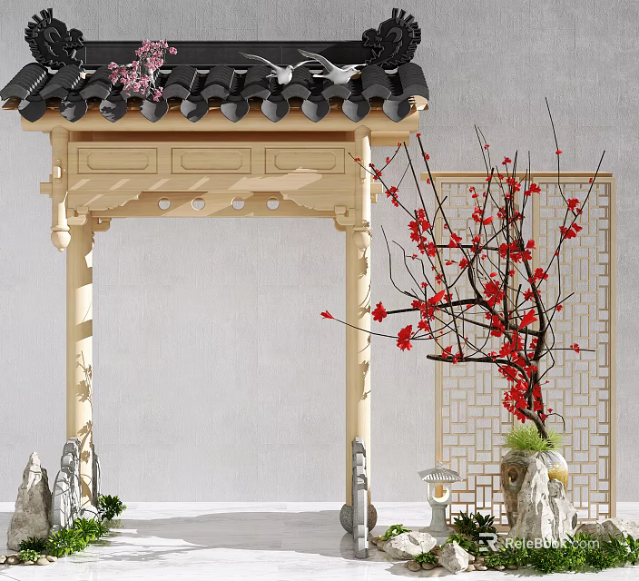 Chinese-style Gate Components with Black Tiled Roof Red Plum Blossom and Carved Wooden Frame Decorations 3d model 