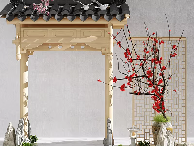 Chinese-style Gate Components with Black Tiled Roof Red Plum Blossom and Carved Wooden Frame Decorations 3d model