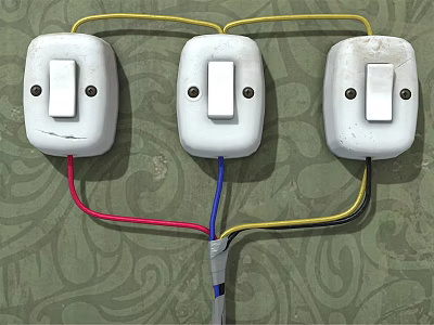 Three White Switch Panels Installed with Red Blue Yellow Wires on Green Patterned Wall 3d model