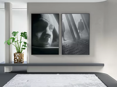 Modern Interior With Black And White Paintings Green Plant On Shelf 3d model