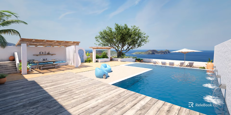 Tropical Garden Courtyard with Swimming Pool Wooden Deck Blue Bean Bags Pergola and Sea View 3d model 