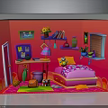 Pink Themed Kids Bedroom Interior With Bed Bookshelf Toys And Decorations