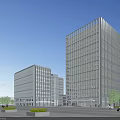 Modern Glass Facade Office Buildings In Urban Plaza With Greenery Street Lamps And Cars
